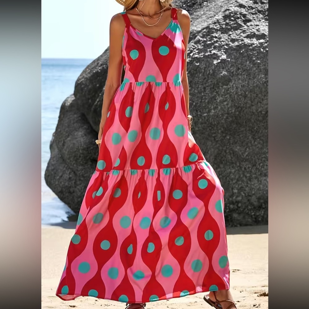 Geo polka dots print ruffle hem cami dress - Picture 4 of 6